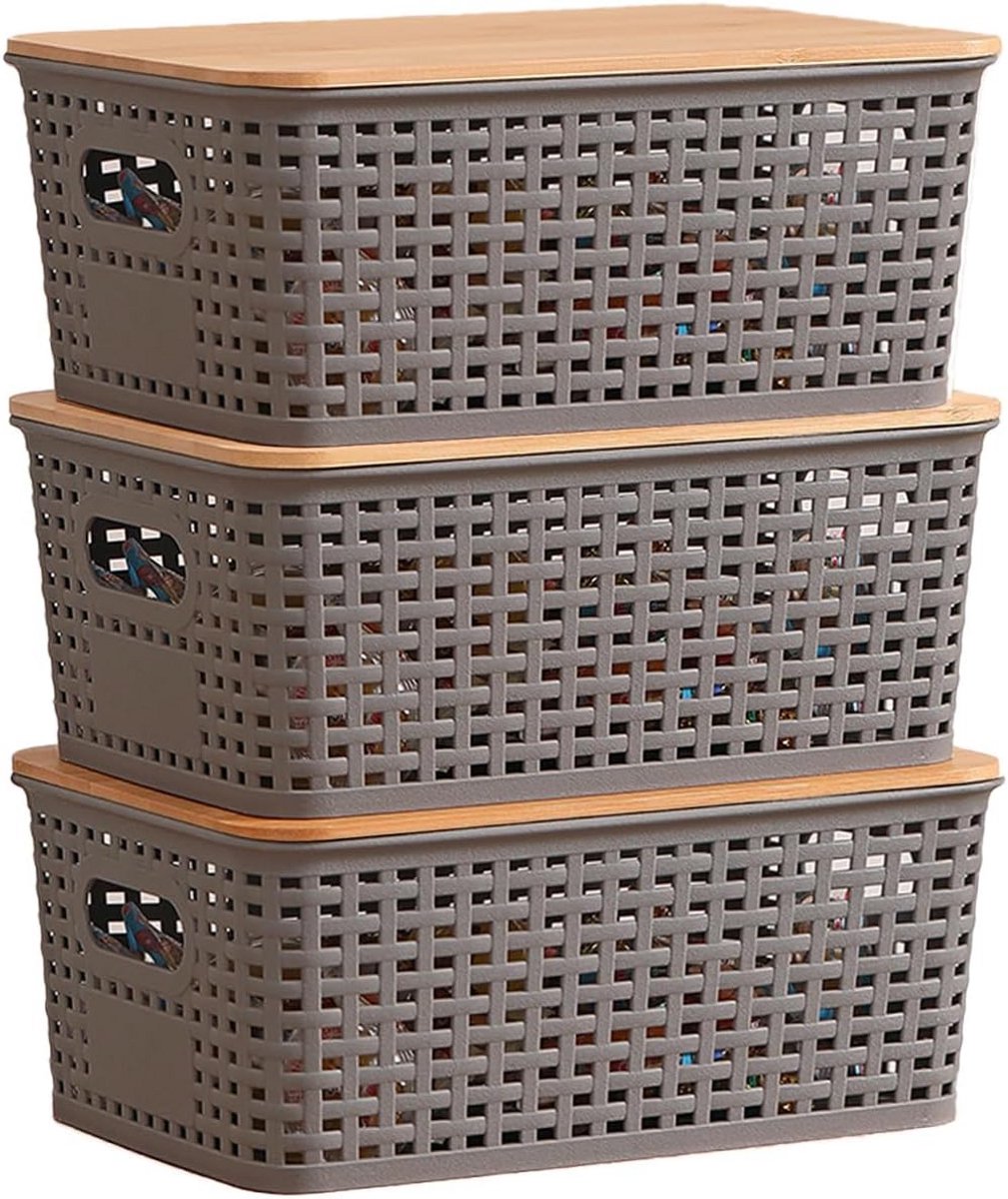 Opbergdoos met bamboedeksel en handgreep - 3 stuks - 5 l - Kunststof - 25x18x10 cm - Grijs