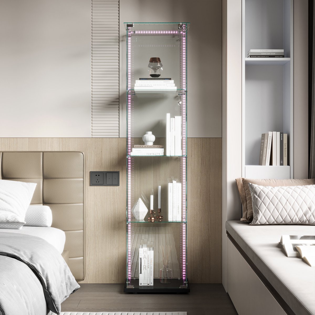 Glazen Vitrinekast 1 Deur – 4 Planken – LED Strip – Afsluitbaar – Zwart