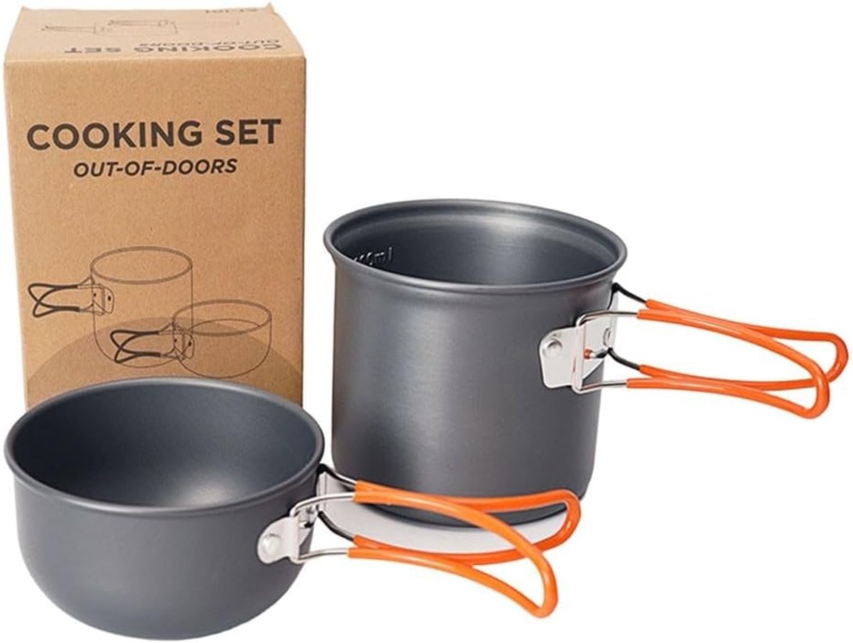 Camping kookset - Buiten kookgerei - Kamperen en wandelen - Opvouwbaar handvat - 13 x 13 x 7 cm - Oranje