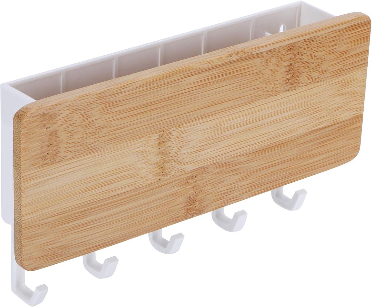 Sleutelhouder met 5 haken - Houten kleur - Zelfklevend - Post opbergdoos - Organizer voor thuis en kantoor - 18,5 x 10 x 3,5 cm