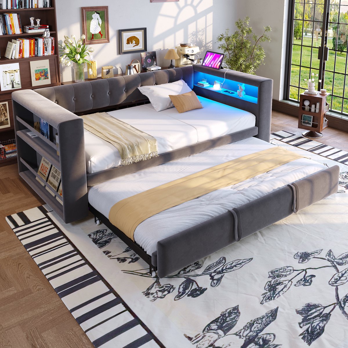Wishdor Multifunctionele slaapbank 90/180x190 cm – Opbergruimte, led & stopcontact – Flanel – Donkergrijs – Jouw slimme opberger voor de woonkamer