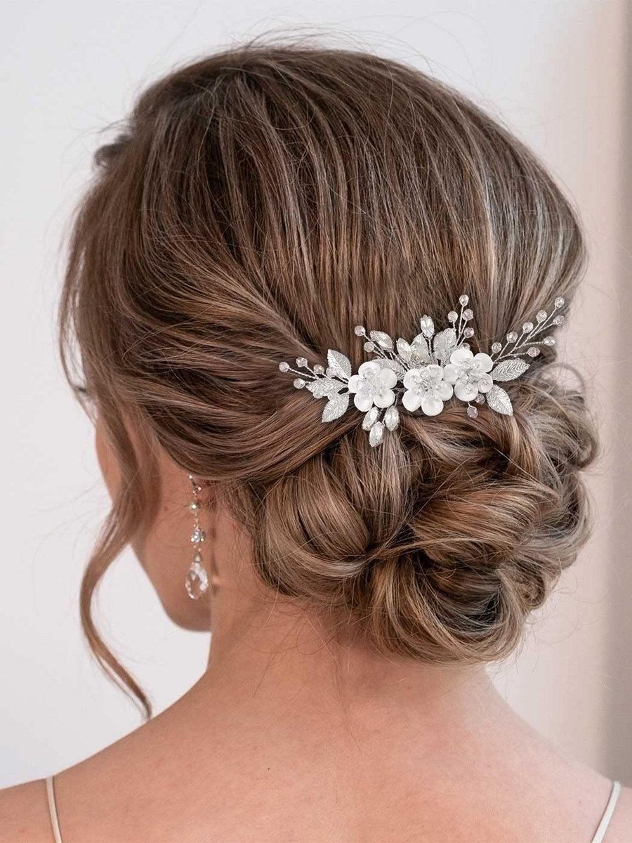 Elegante Bruidshaarkam met Strass en Bloemdecoratie - Bruiloft Haaraccessoire