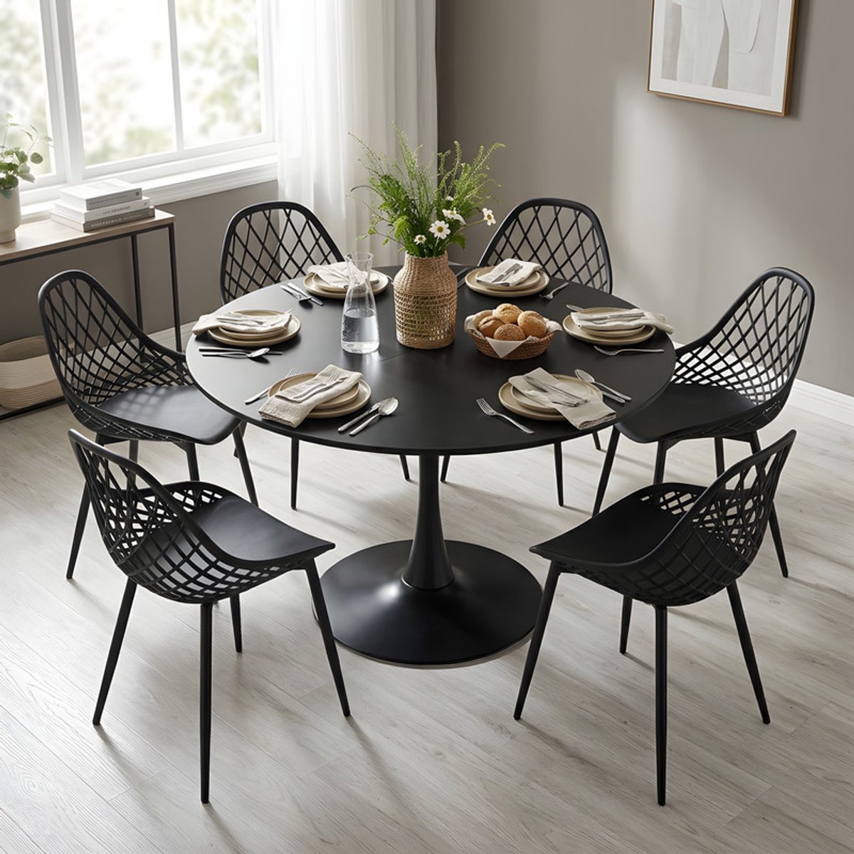 EGGREE eethoek - eettafel met 6 zwarte stoelen - tafel Ø 100 cm - voor bar - café en eetkamer - zwarte tafel Zwart-M6BK