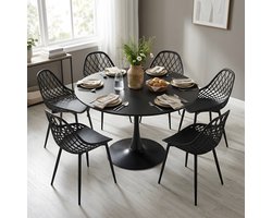 EGGREE eethoek - eettafel met 6 zwarte stoelen - tafel Ø 100 cm - voor bar - café en eetkamer - zwarte tafel