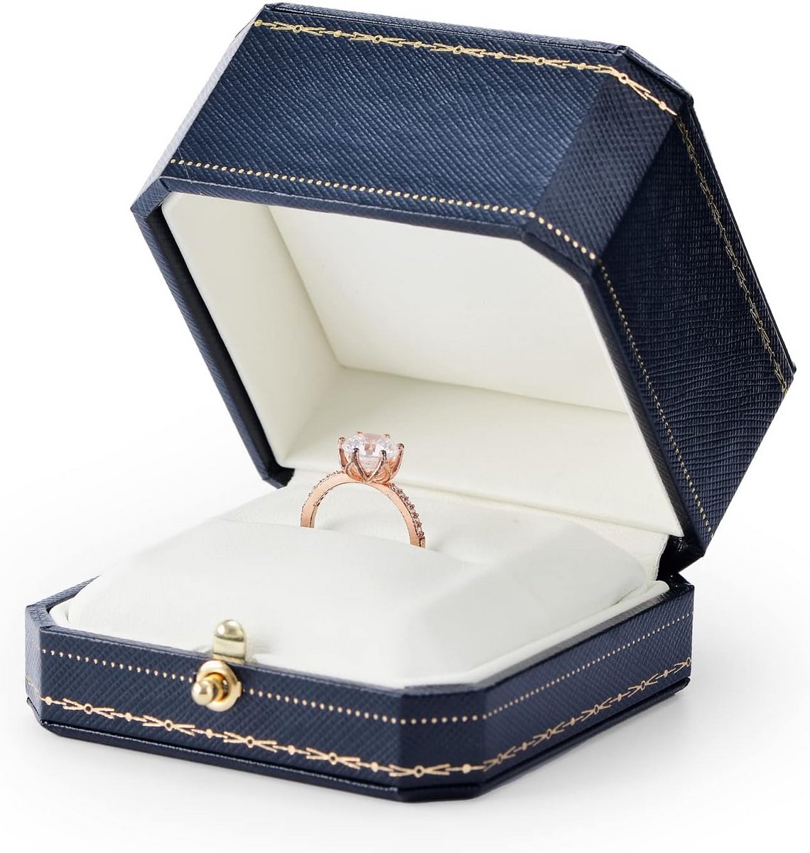 Luxe Achthoekige Ringendoos - PU Leer RVS - Geschenkdoos voor Verloving of Juwelen