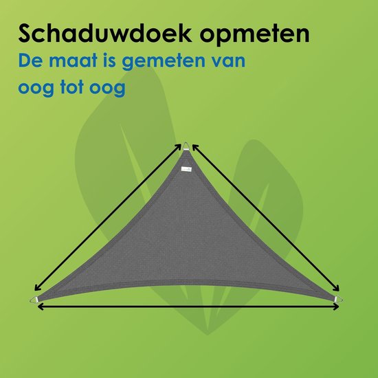 Donkergrijs driehoekig schaduwdoek, met pijlen die de maat van oog tot oog aangeven.