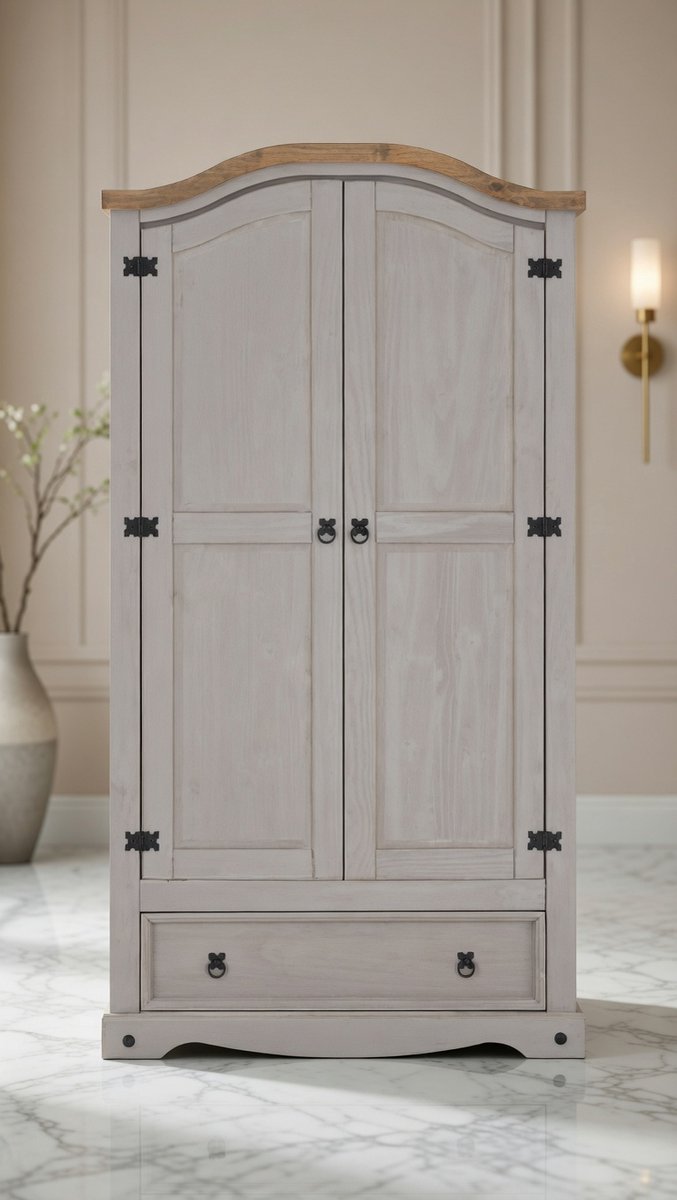 Ramon Mexico Massief Grenen Kledingkast 103x188x57 cm – Landelijke Garderobekast met 2 Deuren, 1 Lade, Kledingstang en Legplank – Grijs/Natuur Gewaxt – House & Graden