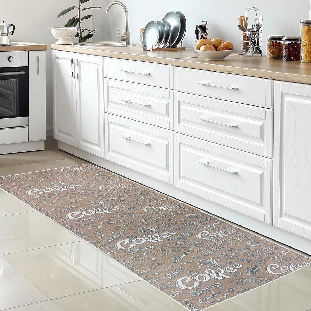 Moderne Wasbare Keukenmat Runner Beige met Koffieprint - Antislip & Makkelijk Schoon