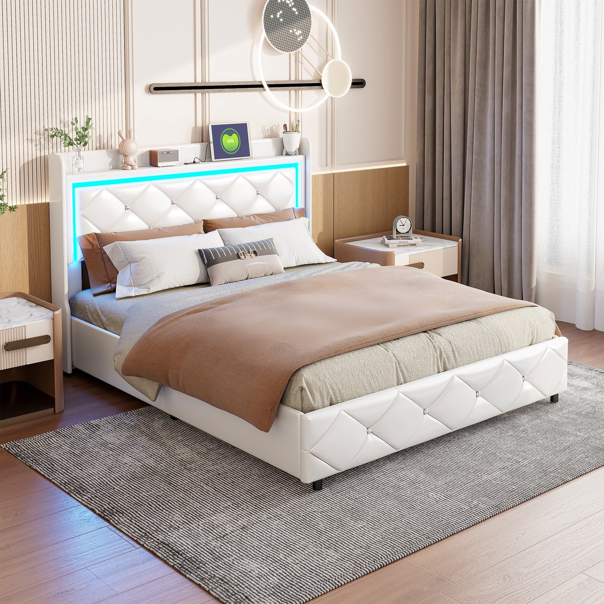 Opbergbed 140x200 Wit – Bed met LED & USB-C – Gestoffeerd Tweepersoonsbed