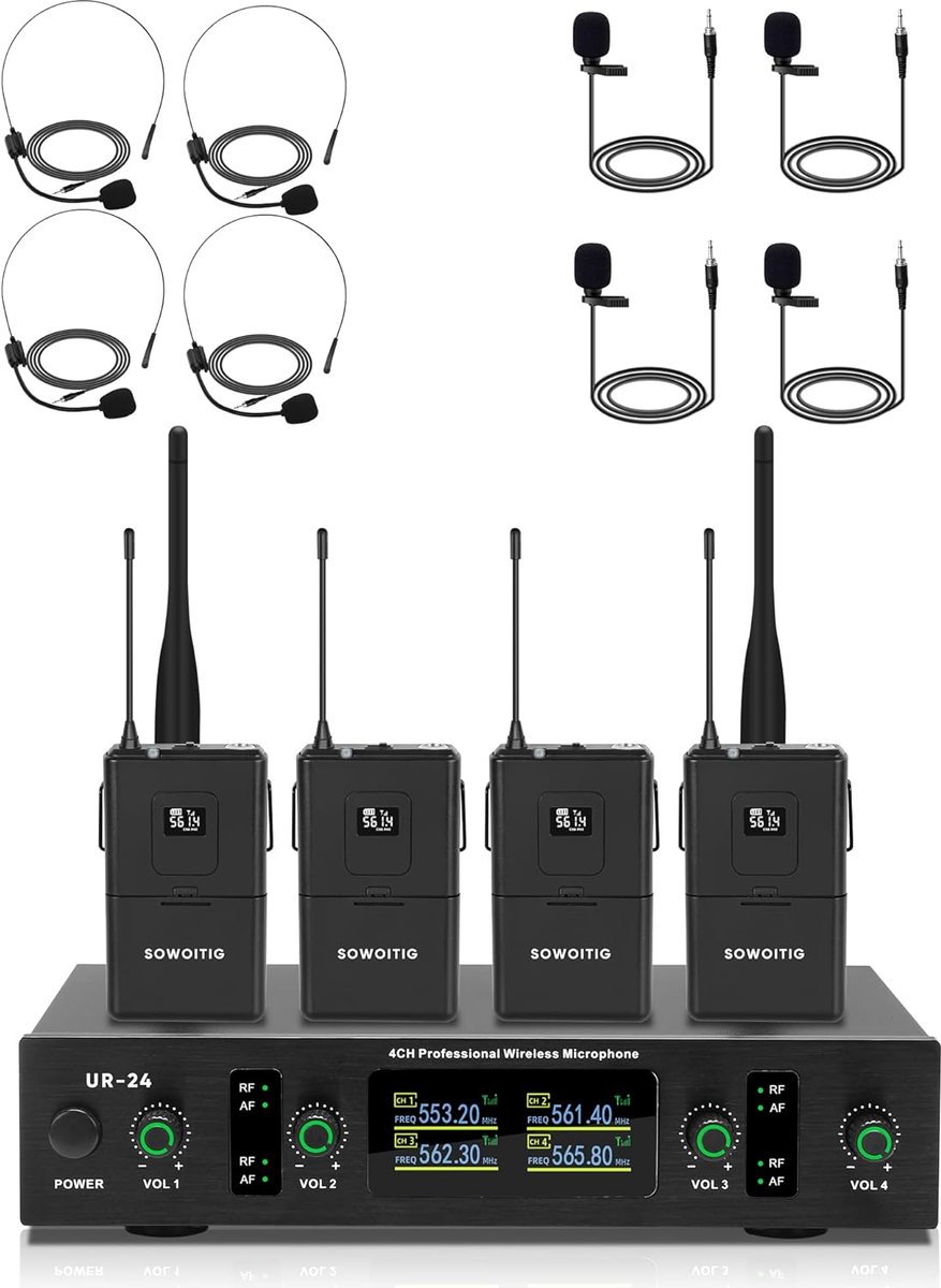 Draadloos 4-kanaals UHF Microfoonsysteem met Lavalier en Headset Microfoon - 90m Bereik