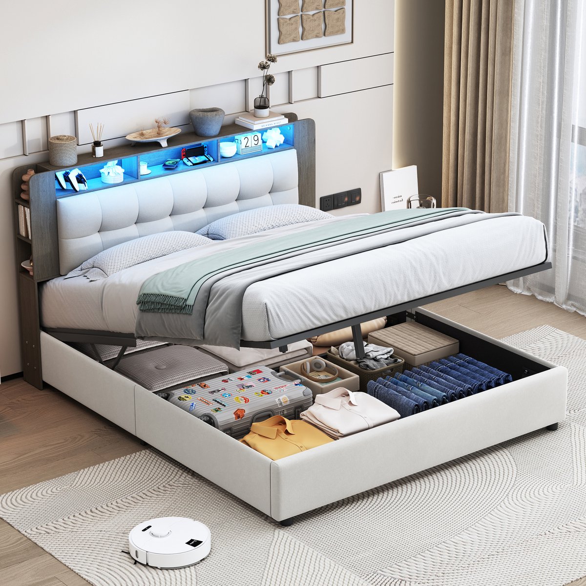 Opbergbed 160x200 Beige Velvet – Bed met LED & Draadloos Opladen