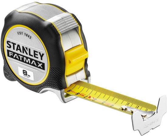 Stanley Fatmax 8m rolmaat met gele en zwarte behuizing en geel meetlint.