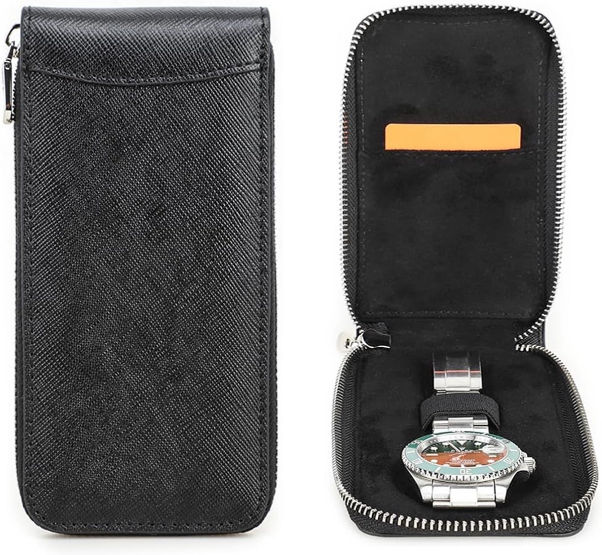 Travel Case voor Horloges - Saffiano Leer - Draagbare Organizer met Rits voor 1 Horloge (Zwart)