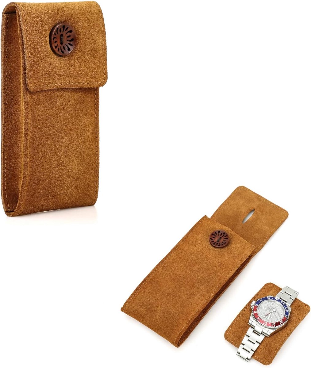 Watch Storage Case Cow Suede Leather - Portable Travel Organizer Bag voor 1 Horloge - Voor Reizen en Buitenactiviteiten (Brown)