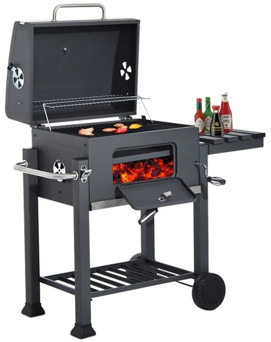 Norvia - Houtskool Barbecue - Houtskoolgrill - Met Deksel - Thermometer - Grilloppervlak 56 × 41,5 cm - Zijtafel - Aslade van Merkloos — afbeelding 4