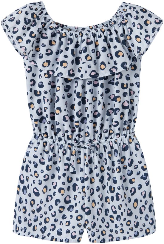Lichtblauw playsuit met luipaardprint in grijs, roze, oranje en zwart. Off-shoulder met ruches en ceintuur.