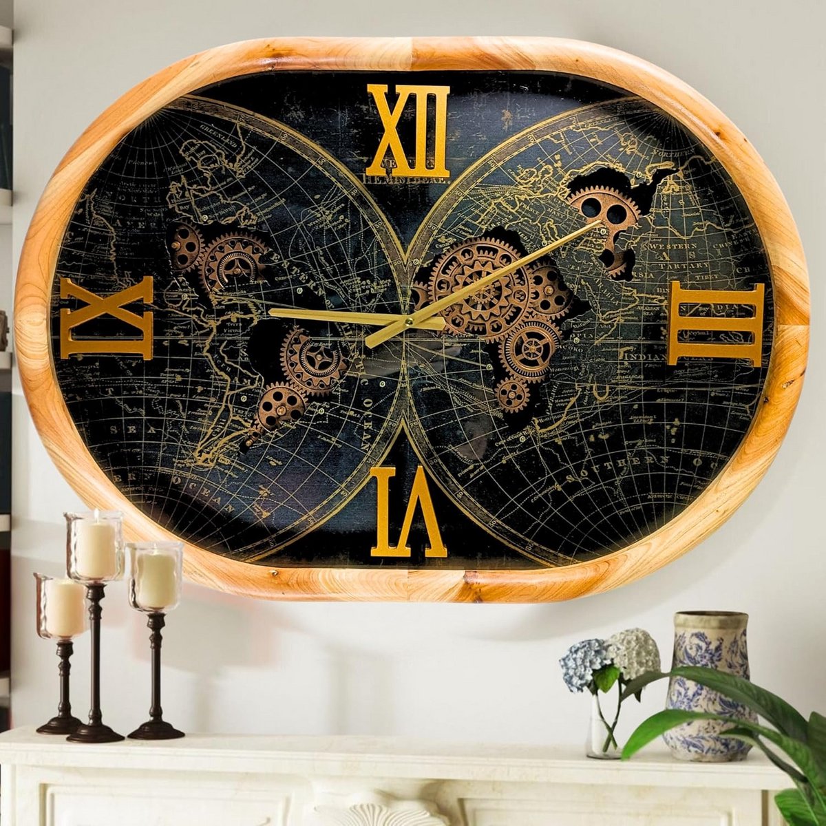 Grote Ovale Wandklok met Werkende Tandwielen - Industrieel Design - 70 cm