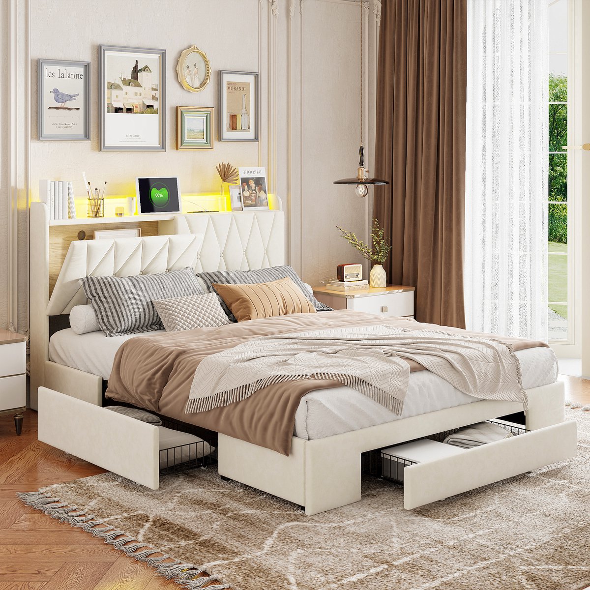Gestoffeerd bed met ledverlichting, USB-poorten, 3 lades, opbergruimte in het hoofdeinde, beige fluweel, 140x200cm, exclusief matras.