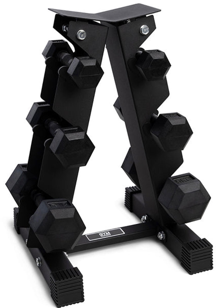 Gym Masters Dumbbell Set 1-2-3 kg (Totaal 12 kg) + Dumbbell Rek – Hexagon Dumbbells Voordeelset – 6 Fitness Gewichten – Zwart