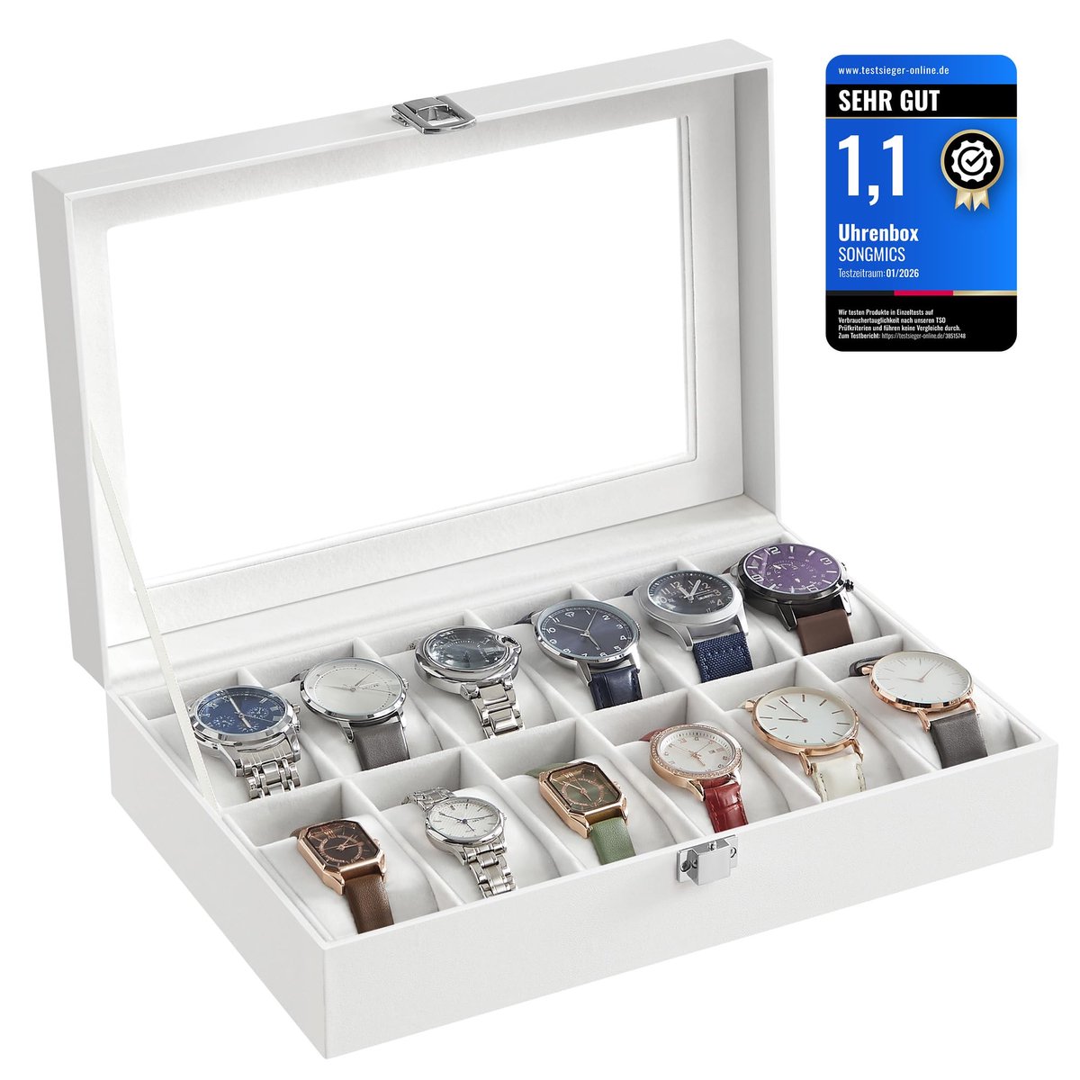 Uhrenbox - 12 Fächern - Echtleder Samt - Weiß