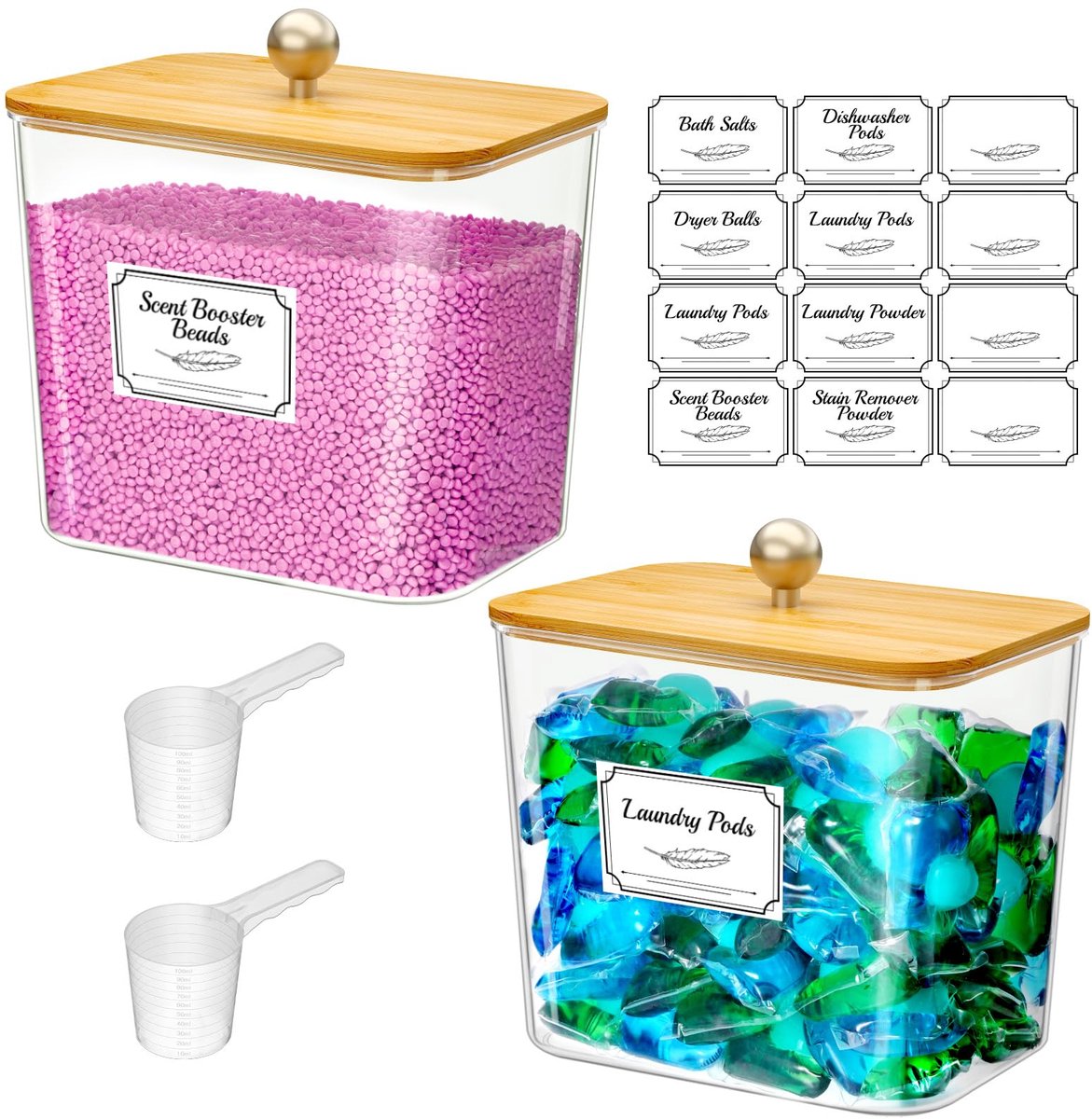 Wasmiddel Organizer - 2 Stuks Opbergdozen met Labels en Scheppen - 2,7 Liter Capaciteit