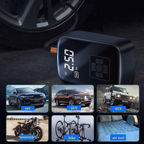 Draagbare Elektrische Bandenpomp - 150 PSI - Draadloos - Digitaal Display - 100W - Automatische Stopfunctie - 5 Opblaasbare Modi - Verlichting - Compressor voor Auto Fiets Bal van Merkloos — afbeelding 5