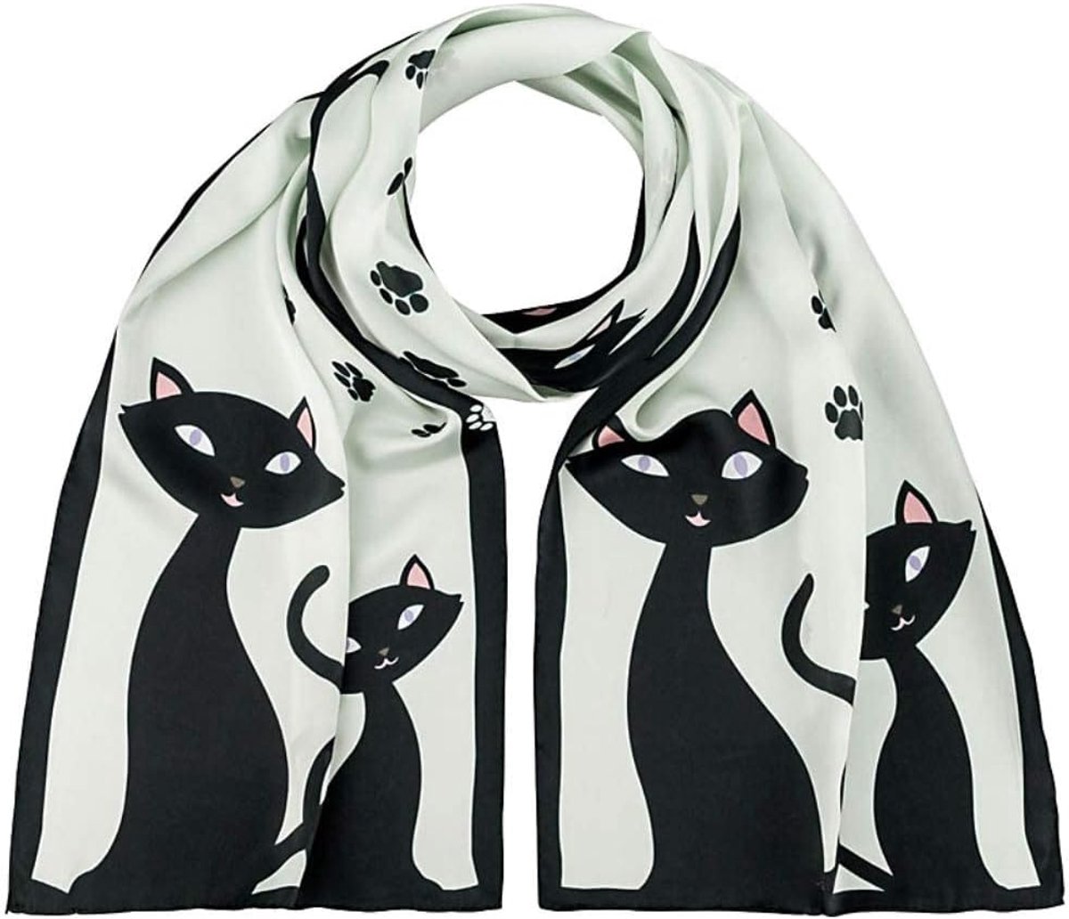 Sjaal met Zwarte Katten 100% Zijde Kunstmotief Handgerolde Randen 172 x 42 cm