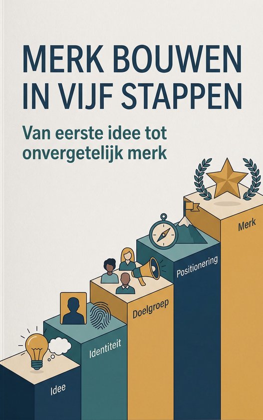 De titel 'Merk bouwen in vijf stappen' staat bovenaan. Afbeelding van trappen die de vijf stappen voorstellen: Idee, Identiteit, Doelgroep, Positionering, Merk.