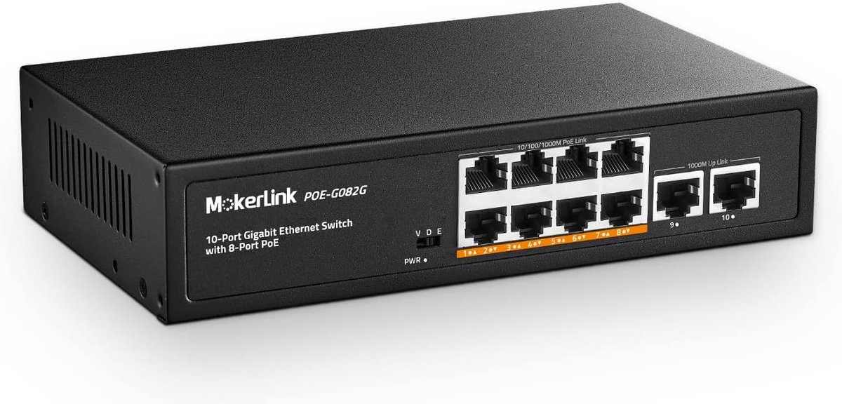 10 Poort Gigabit PoE Switch - 8 PoE+ Poorten, 2 Uplink, 120W, Ventilatorloos Ethernet Switch