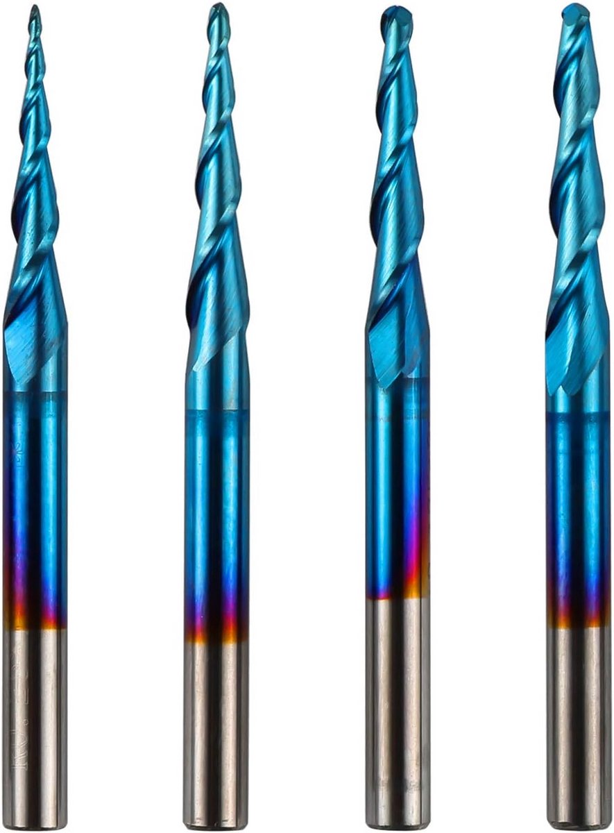 4-delige 2-fluit Tapered Ball Nose Freeset - Tungsten Carbide Cutter met Nano Coating