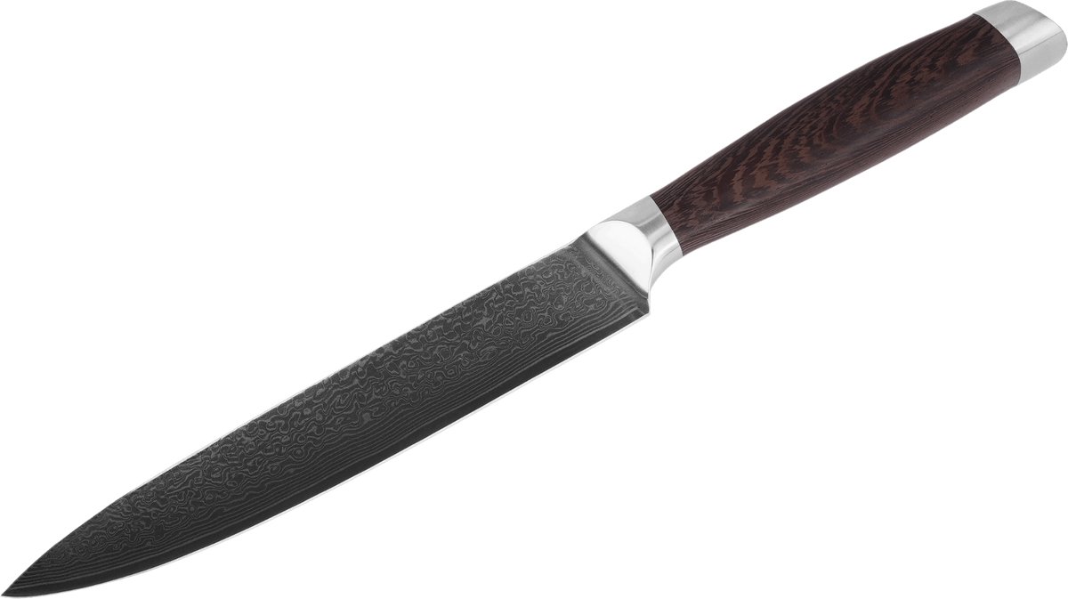 Herman den Blijker - Damascus trancheermes 20 cm - Ergonomisch handvat van wengehout - Geschikt voor links- en rechtshandig gebruik - VG10 kern - Handgemaakt keukenmes
