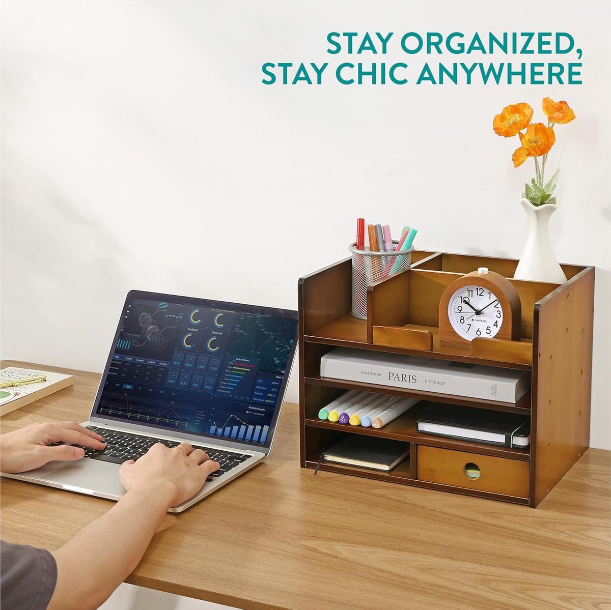 Bamboe Houten Bureau Organizer - Bureau Kast 33 x 24 x 26 cm - Voor Kantoorbenodigdheden en Brieven - Donkerbruin — cadeau in Wonen & Interieur - foto 5