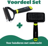 Voordeelset met een ondervachtkam en een slickerborstel, beide met zwart handvat en limegroene accenten.