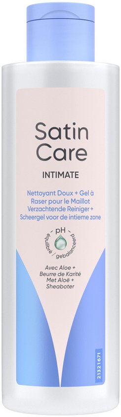 Fles Satin Care Intimate Nettoyant Doux + Gel à Rasier met blauwe dop en label met tekst in het Nederlands en Frans.
