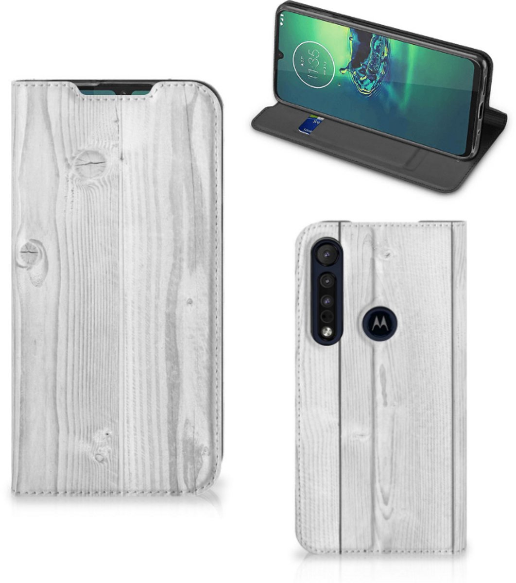 Motorola G8 Plus Book Wallet Case White Wood