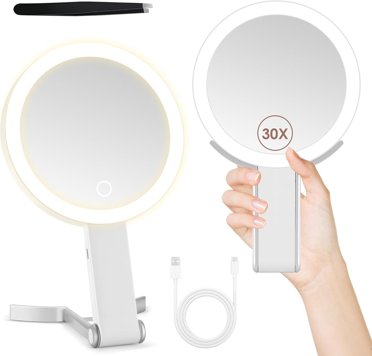 Make-upspiegel met Verlichting en 30x Vergroting voor Tafelgebruik en Reizen