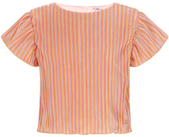 Voorkant van een meisjesblouse met geplooide stof, verticale strepen in oranje, roze en witte tinten en ruchemouwtjes.