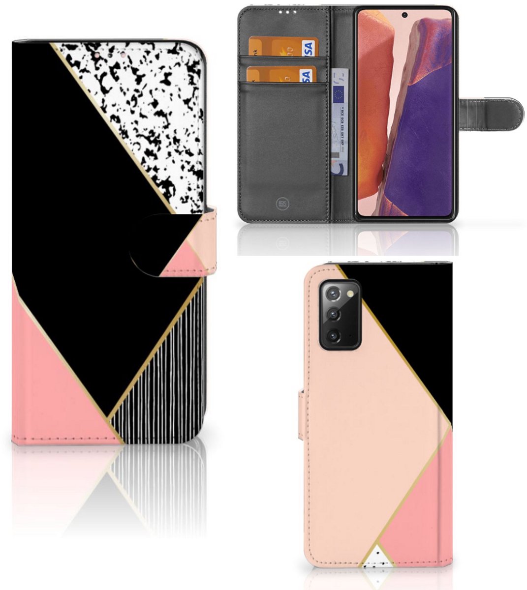 Samsung Galaxy Note 20 Book Case Zwart Roze Vormen