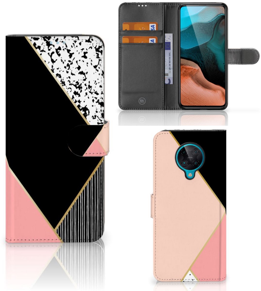 Xiaomi Poco F2 Pro Book Case Zwart Roze Vormen