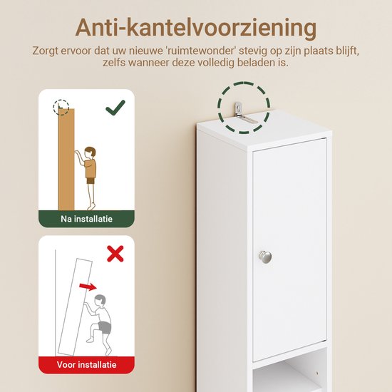 Illustraties die de anti-kantelvoorziening van de witte badkamerkast tonen, met een correcte en incorrecte installatie.