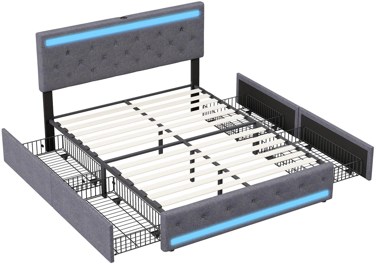 Gestoffeerd Tweepersoonsbed – Opbergbed – Ladebed – Bedframe – Slaapbed – Donkergrijs 180x200 cm – 4 Ruime Lades – Ingebouwde USB-poorten & LED-verlichting