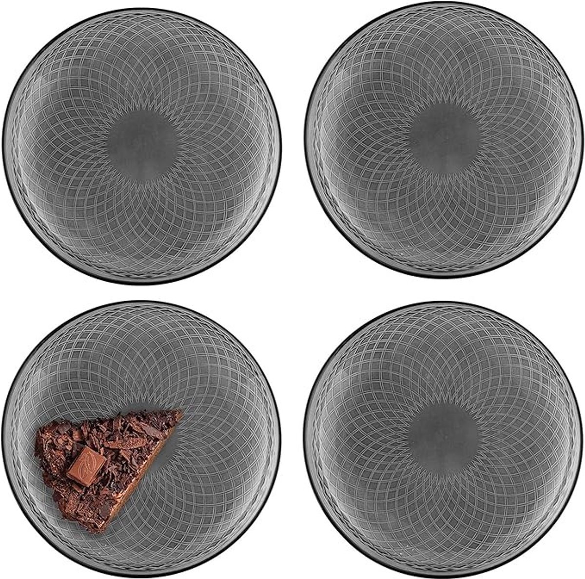 Set van 4 glazen dessertborden met geometrisch reliëf in rooktint