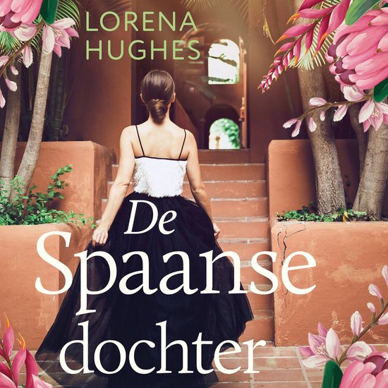 Een vrouw in een lange zwarte jurk met een glitter top loopt een trap op in een tropische setting. Titel: De Spaanse dochter.