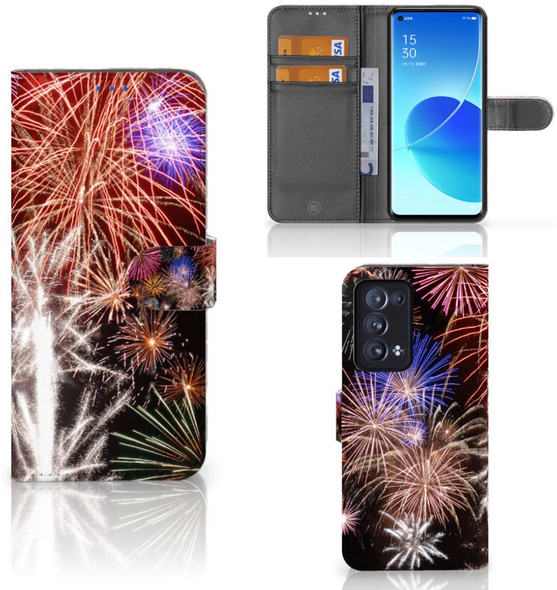 OPPO Reno 6 Pro Plus 5G Wallet Case met Pasjes Vuurwerk