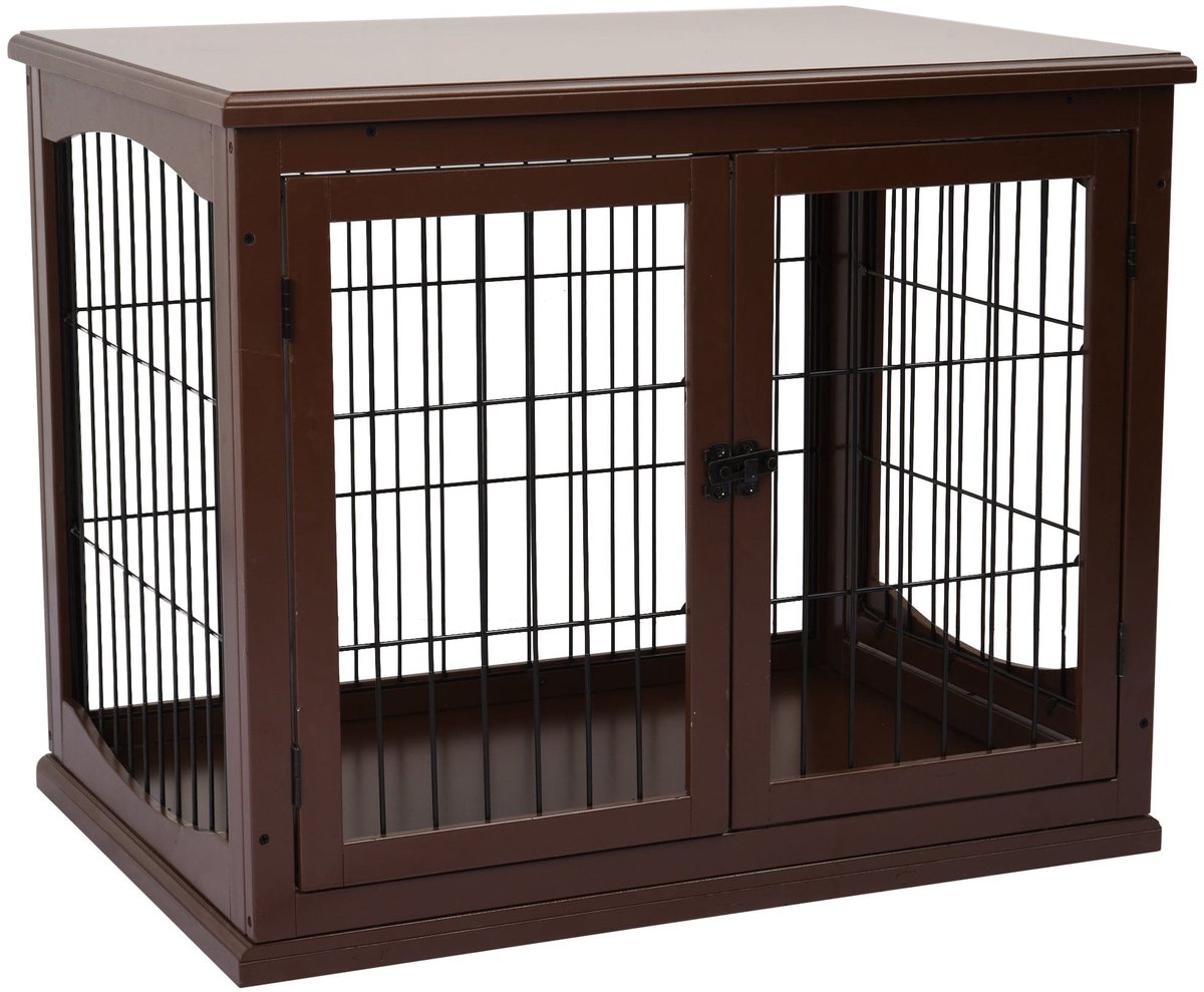 Hondenbench – Hondenkooi – Hondenhok – Hondenmand – Hondenverblijf – Dubbele Deuren – Duurzaam MDF Met Metaal – Bruin – 58,5x81x66 cm