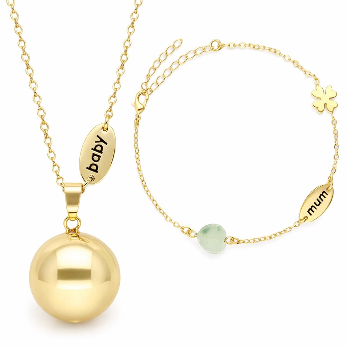 Bola Set Zwangerschapshanger Incl. Ketting en Armband - Stone Beads Mum / Baby - Goud