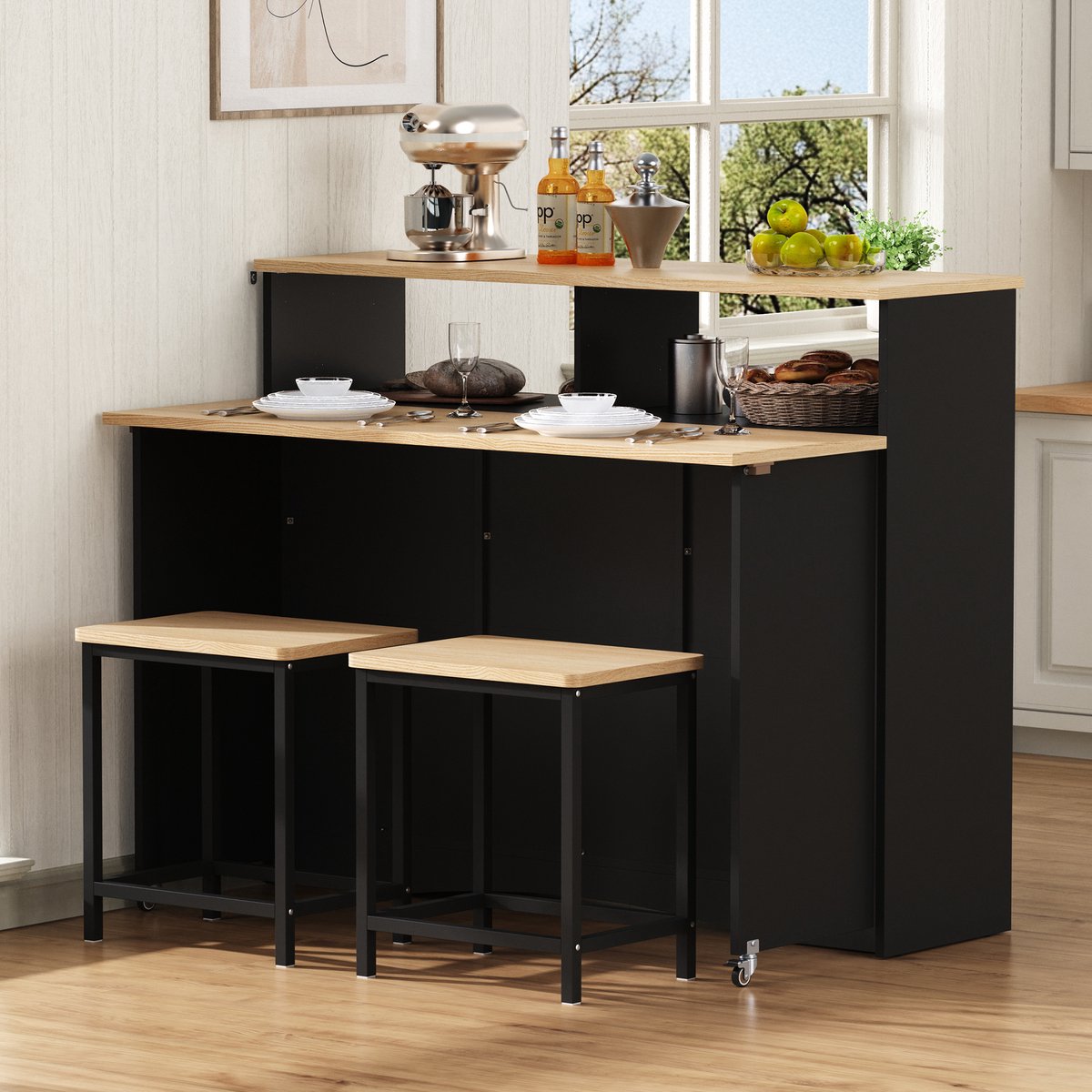 Keukeneiland - Keukentrolley met Uitschuifbare Tafel en Stoelen - MDF - Zwart