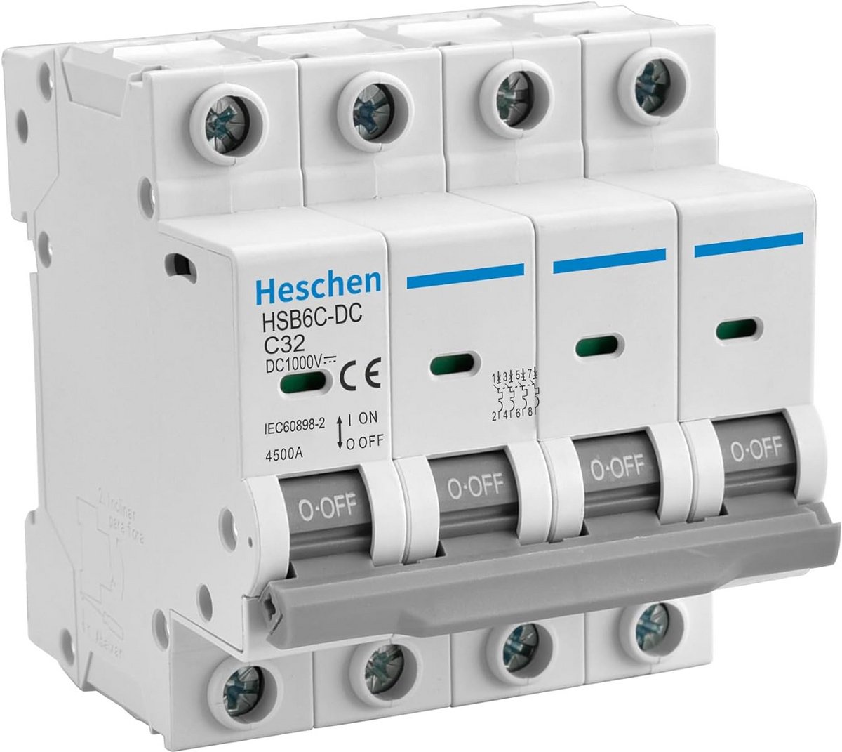 Miniatuur DC Zekeringautomaat 1000V 32A voor Zonnepanelen en Fotovoltaïsche Systemen - 4 Polen