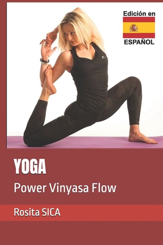 Femme en position de yoga sur un tapis violet.