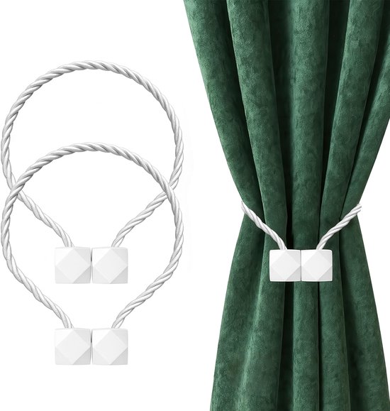 Ensemble de deux attaches de rideau magnétiques blanches avec cordon torsadé et fermoirs magnétiques hexagonaux.